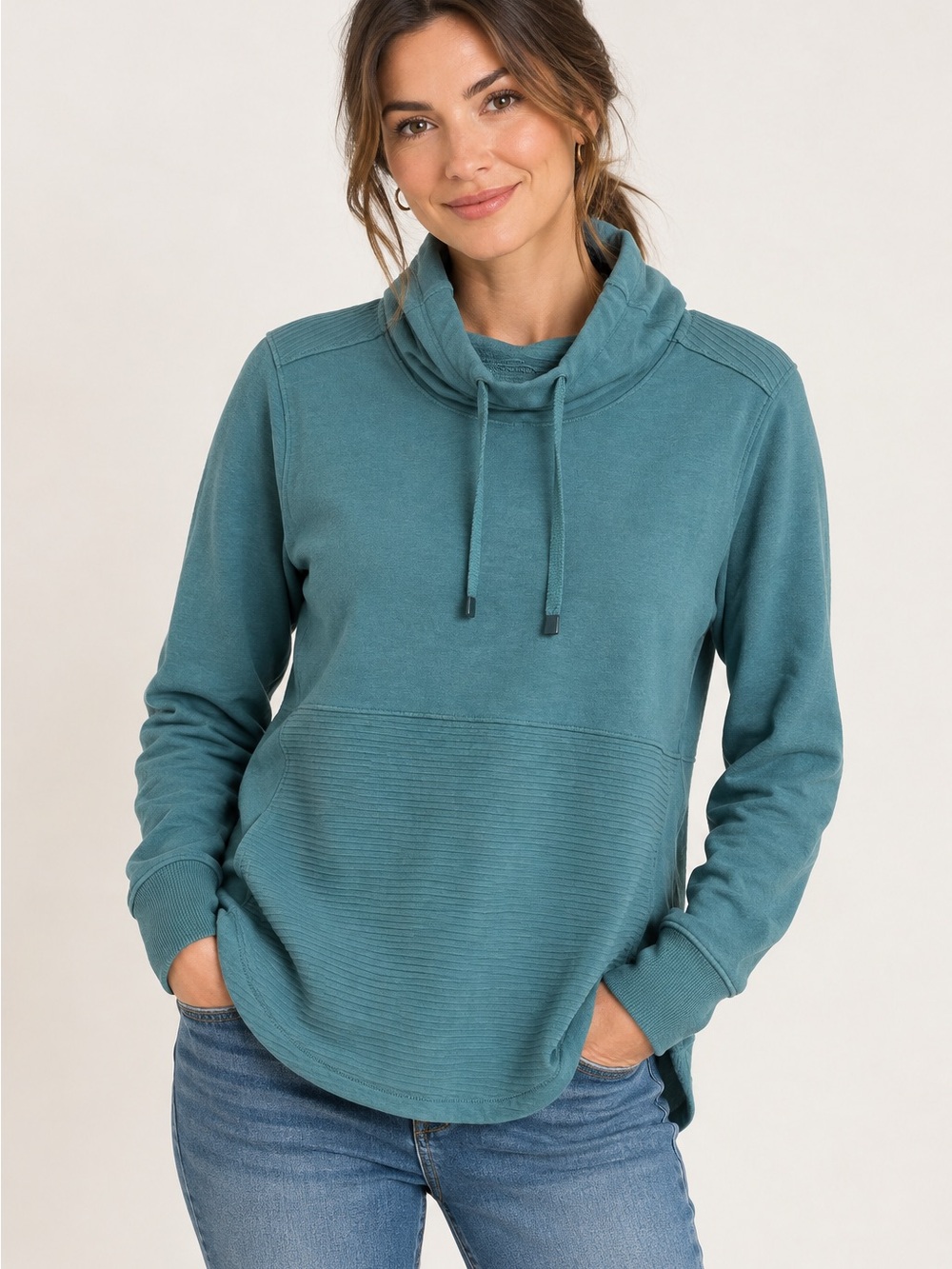 L.L.Bean Teal Funnel Neck Pullover Sweatshirt Cotton Blend Athleisure, Outdoor